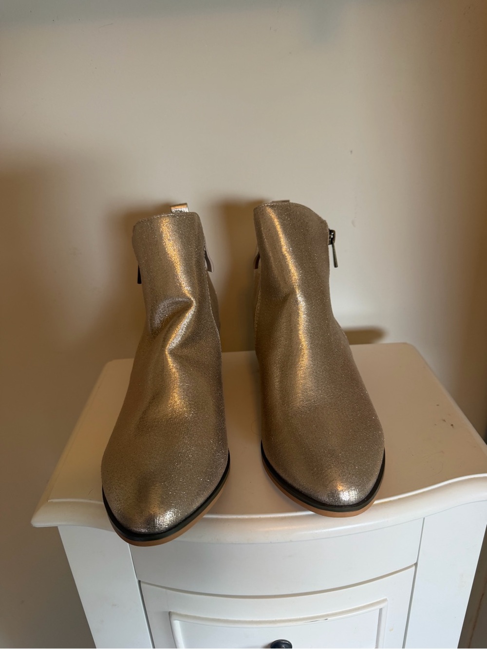 Metallic Gold Women’s Ankle Booties with Low Stacked Heel - Picture 2 of 5